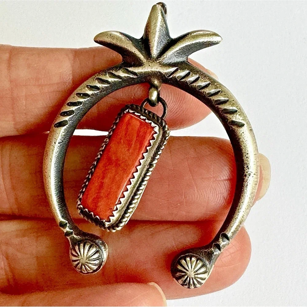 Navajo Naja Pendant Orange Spiny Oyster Signed MC 2in Sterling Squash Blossom